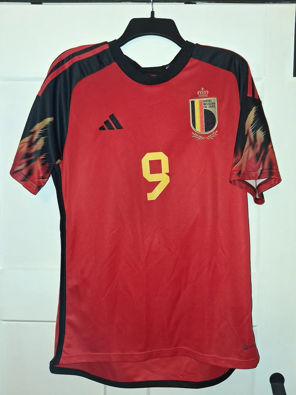 adidas Red and Black Belgium Football Jersey with Yellow Number